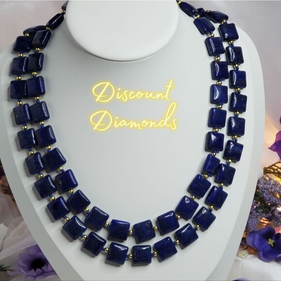 Natural Deep Blue Lapis Lazuli 12mm Flat Square Double Strand Necklace 14 Ct. Go - Picture 1 of 7